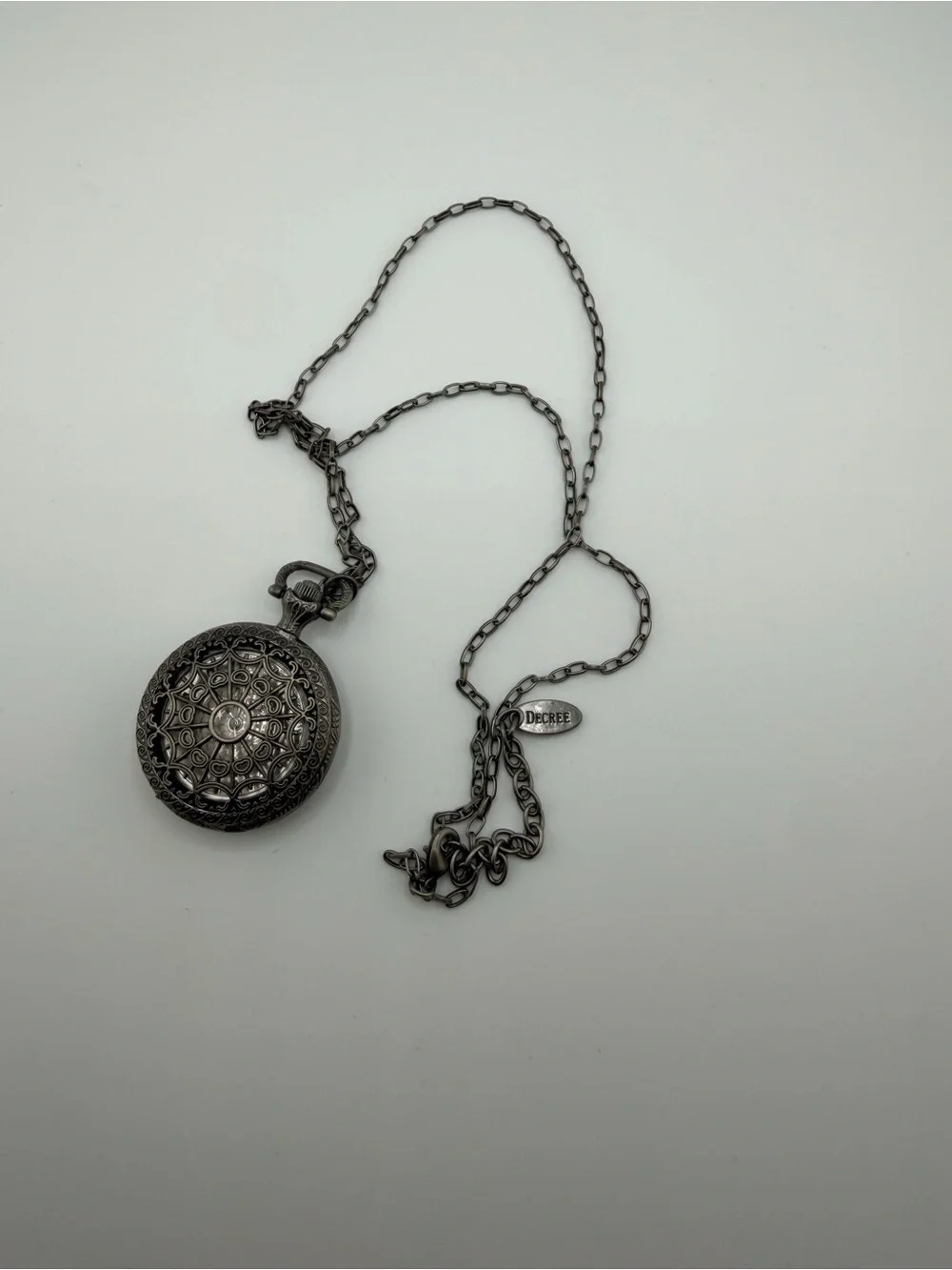 Decree vintage Gunmetal Open-Face Pocket Watch Necklace watch